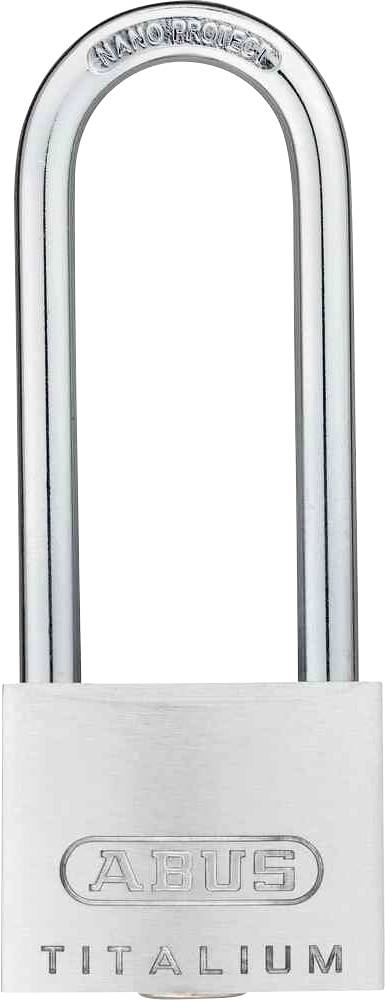 Een hangslot met lange beugel, zilverkleurig, merk 'Abus Titalium'.