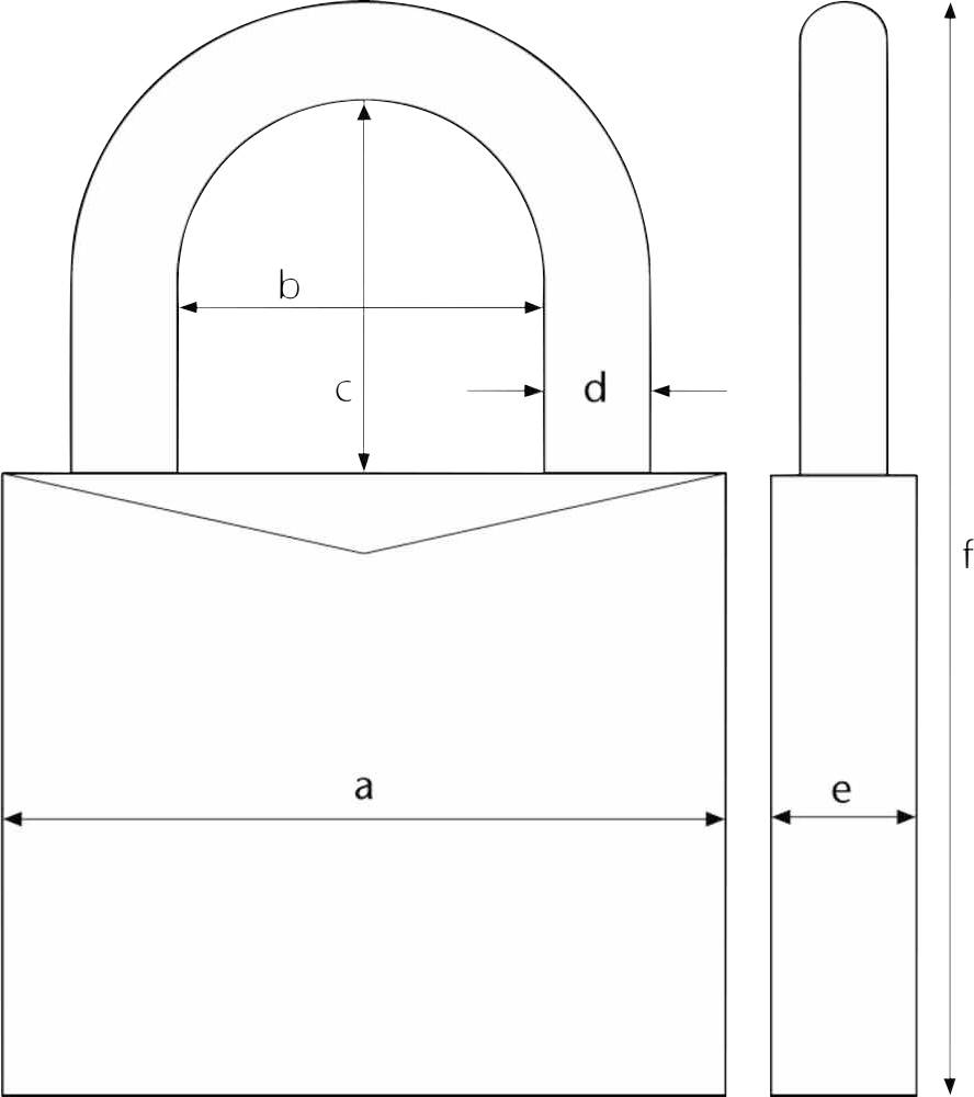 Een lijn-kunstdiagram van een hangslot met labels voor afmetingen: a, b, c, d, e, f. Toont de afmetingen en vorm van het slot.