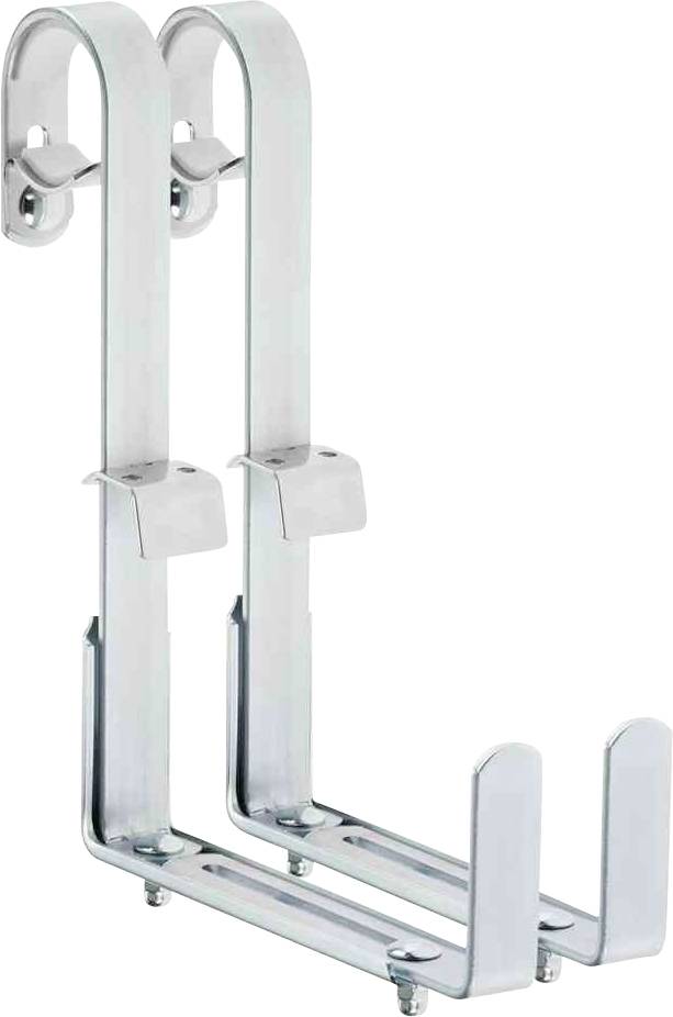 Metalen beugel voor het ophangen van voorwerpen aan een muur; beschikt over ophanglussen en verlengde, stabiele steunen.