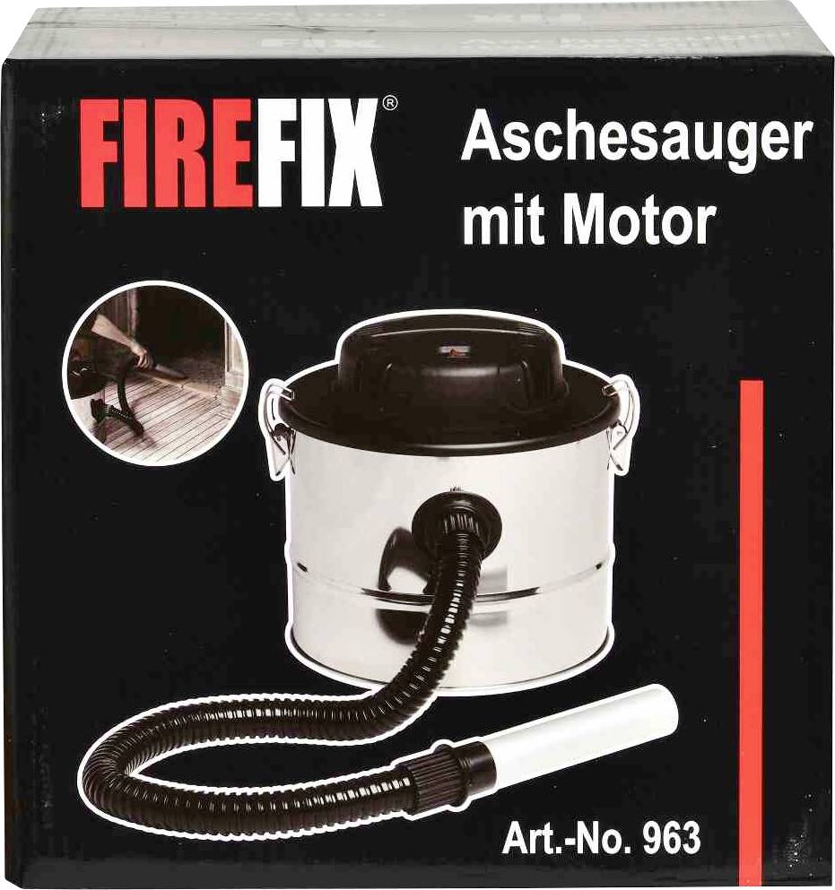 'FIREFIX' Asstofzuiger met motor op verpakking afgebeeld. Bevat afbeelding van een metalen stofzuiger met slang. Art.-nr. 963.