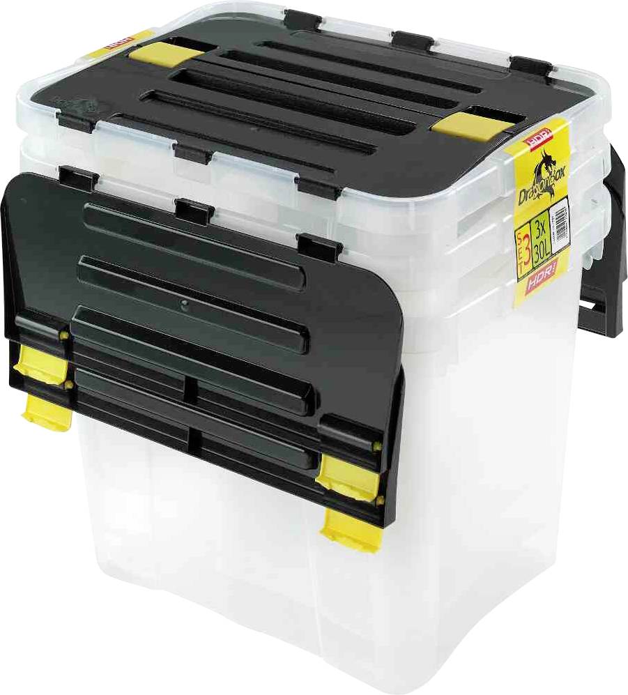 Transparante kunststof afvalcontainer met drievoudig scheidingssysteem en zwart deksel. Capaciteit van 3 x 30 liter, stapelbaar.