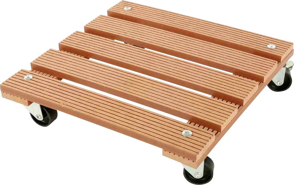 Een rechthoekige houten wagen op vier zwarte wielen met lengtelatten. Wordt gebruikt voor het vervoeren van kleine voorwerpen of planten.