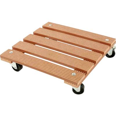 Een rechthoekige houten wagen op vier zwarte wielen met lengtelatten. Wordt gebruikt voor het vervoeren van kleine voorwerpen of planten.