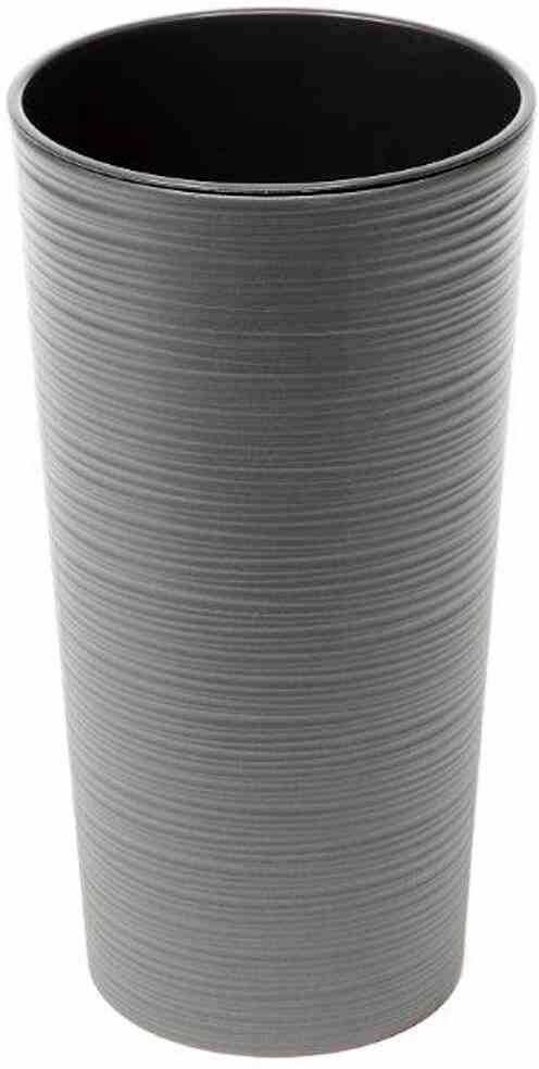 Hoge, cilindrische grijze vaas met een fijne ribbelige structuur over de gehele omtrek. Perfect voor een modern ingericht interieur.