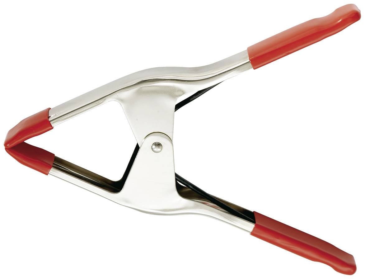 Metalen klem met rode, gerubberde handgreep en bekken.