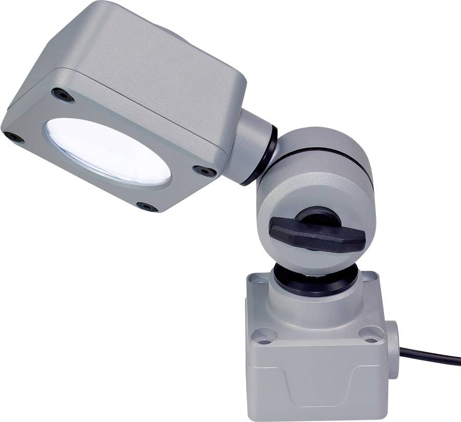 Een verstelbare grijze industriële werklamp met scharmerarm en vierkante lampenkop, ideaal voor precisieverlichtung.