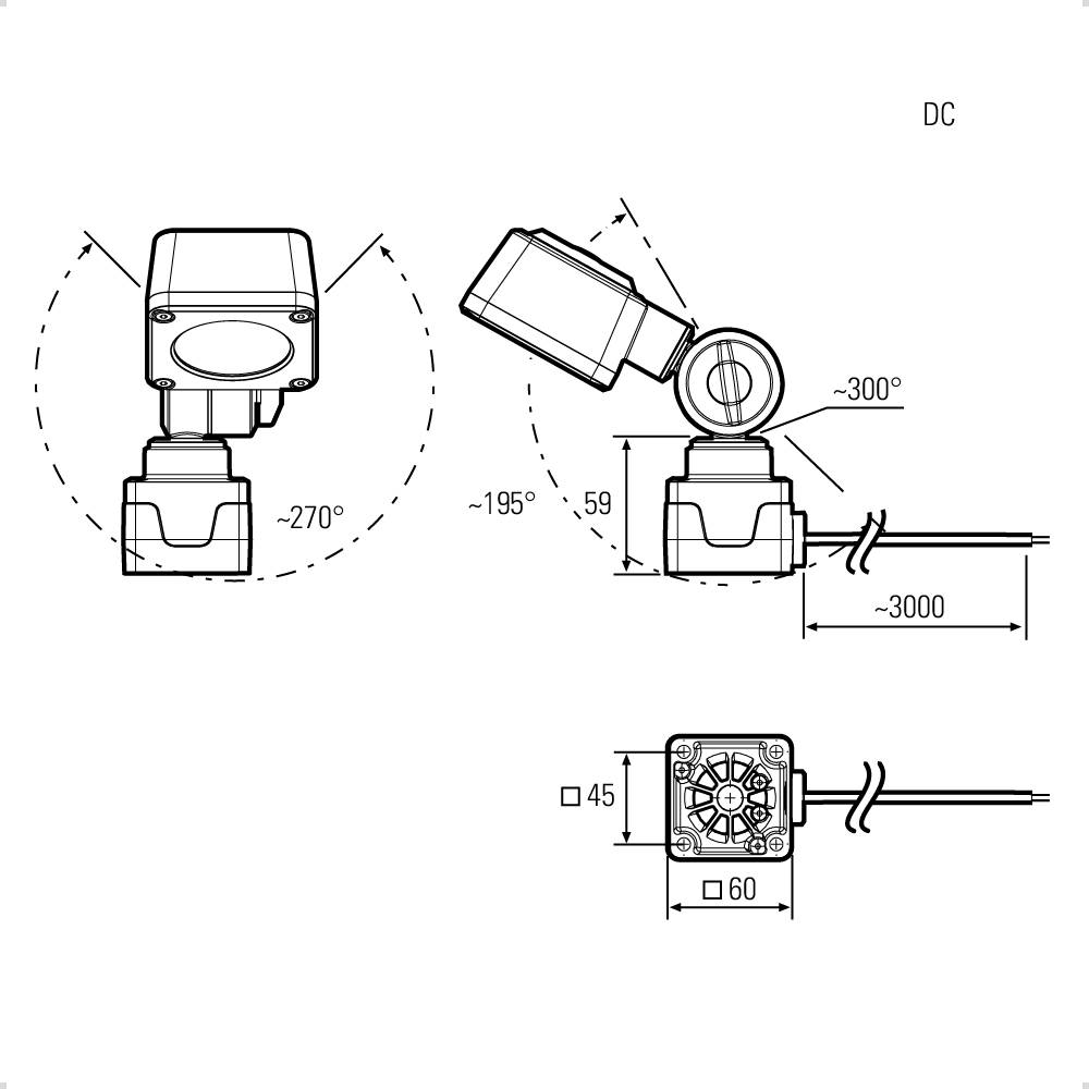 Technische tekening van een instelbare elektrische aansluiting. Toont draaihoek van -300 tot 270 graden en afmetingen in millimeters.
