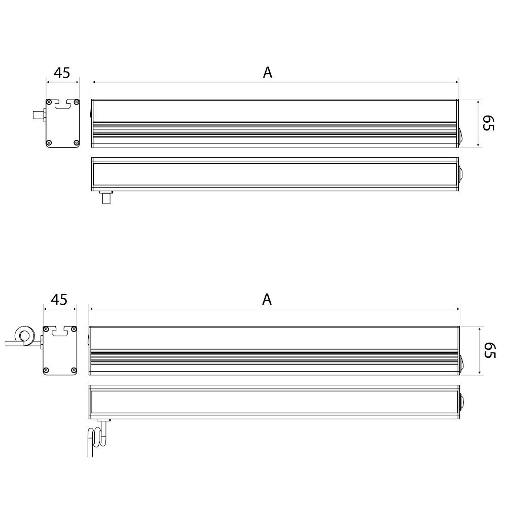 Technische tekening van twee lichtarmaturen met afmetingen: hoogte 45, lengte A, diepte 65. Verschillende montagedetails zichtbaar.