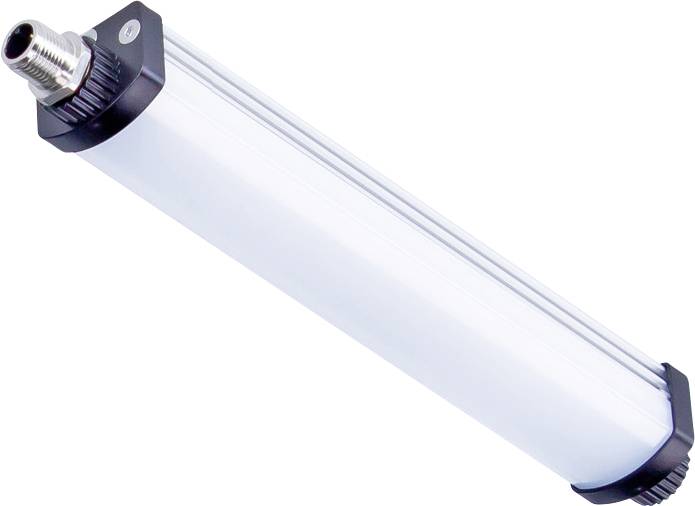 Een langwerpige, witte lamp met zwarte behuizing aan de uiteinden en een metalen aansluiting aan één kant.