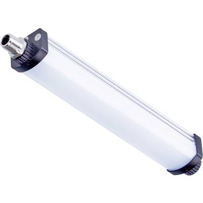 Een langwerpige, witte lamp met zwarte behuizing aan de uiteinden en een metalen aansluiting aan één kant.