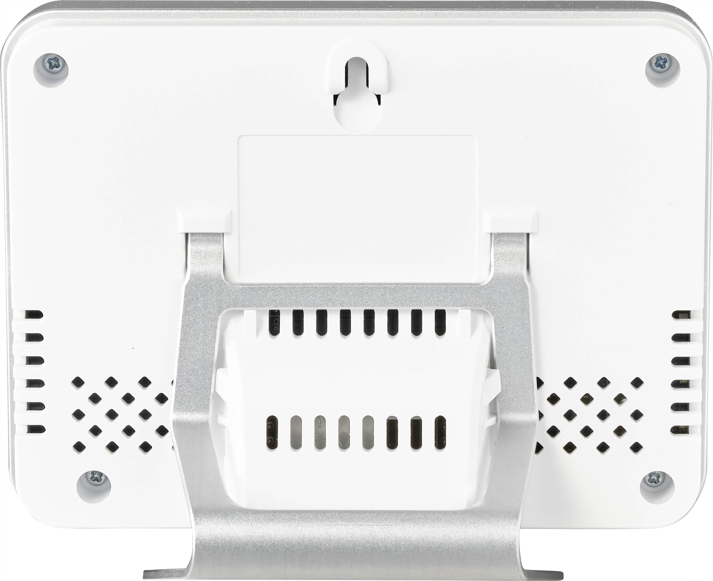 De achterkant van een elektronisch apparaat met een zilveren standaard. Het oppervlak heeft ventilatiesleuven en schroeven in de hoeken.