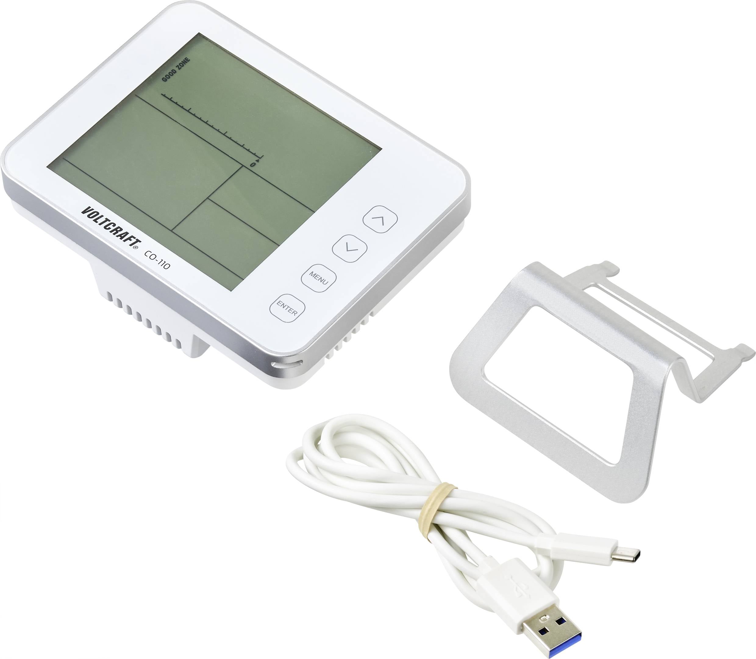 Bloeddrukmeter met digitaal display, USB-kabel en houder. Display toont meetwaarden en bedieningsknoppen.