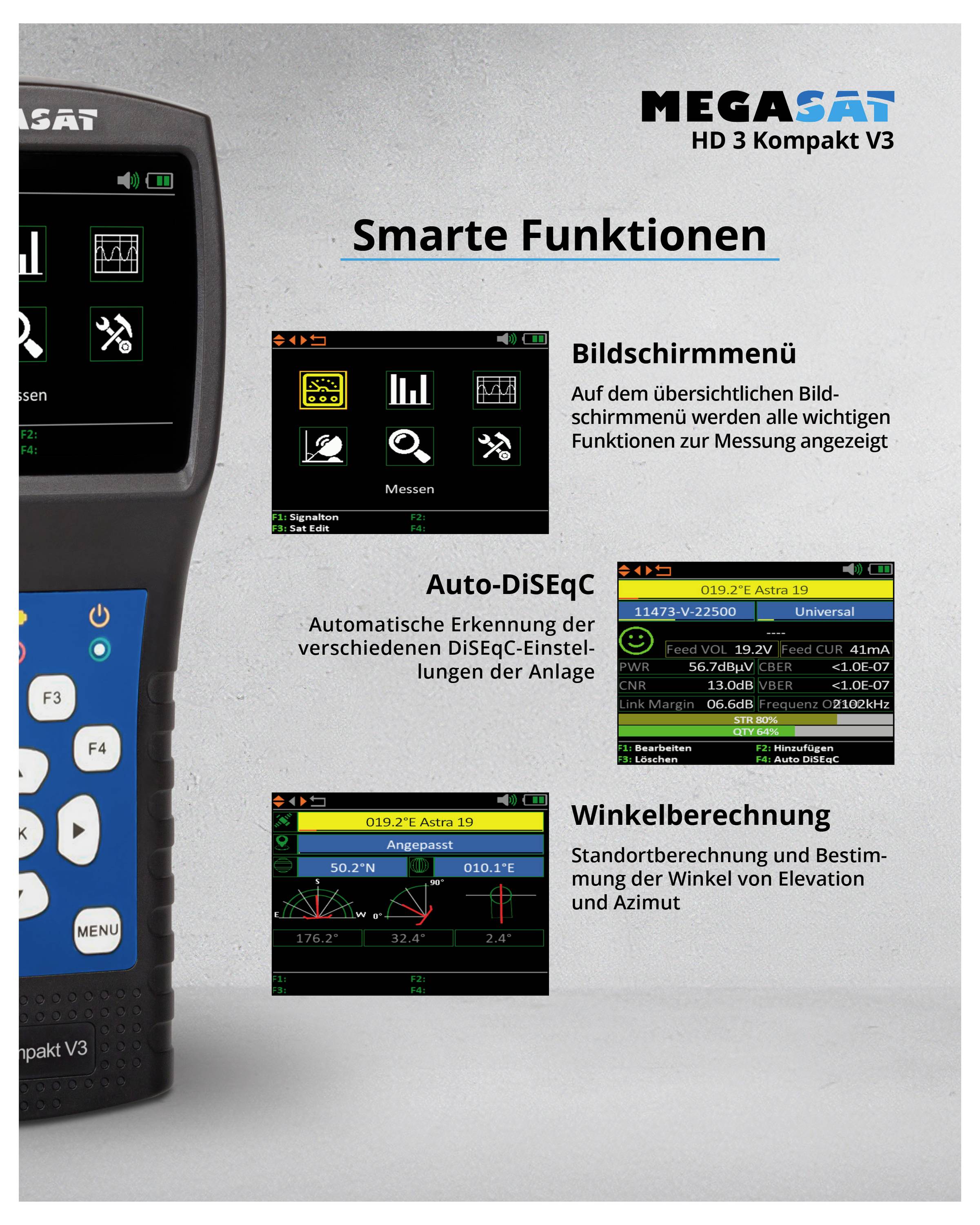 Een satellietmeetapparaat met display toont functies: schermmenu, Auto-DiSEqC voor automatische herkenning, en hoekberekening.