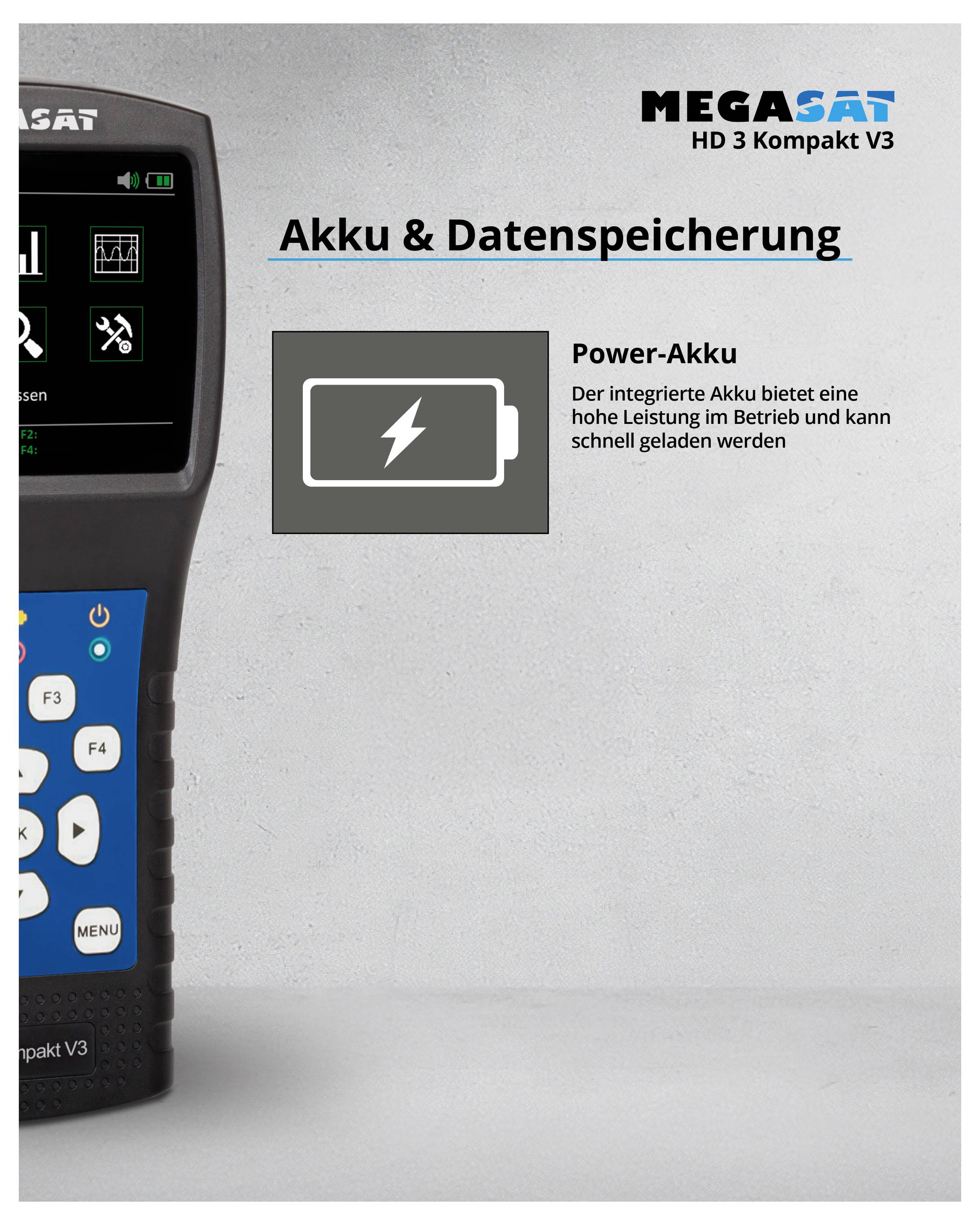 HD 3 Compact V3 Apparaat met weergave voor accu en gegevensopslag. Tekst: 'Power-accu, hoge prestaties tijdens gebruik en snel oplaadbaar'.