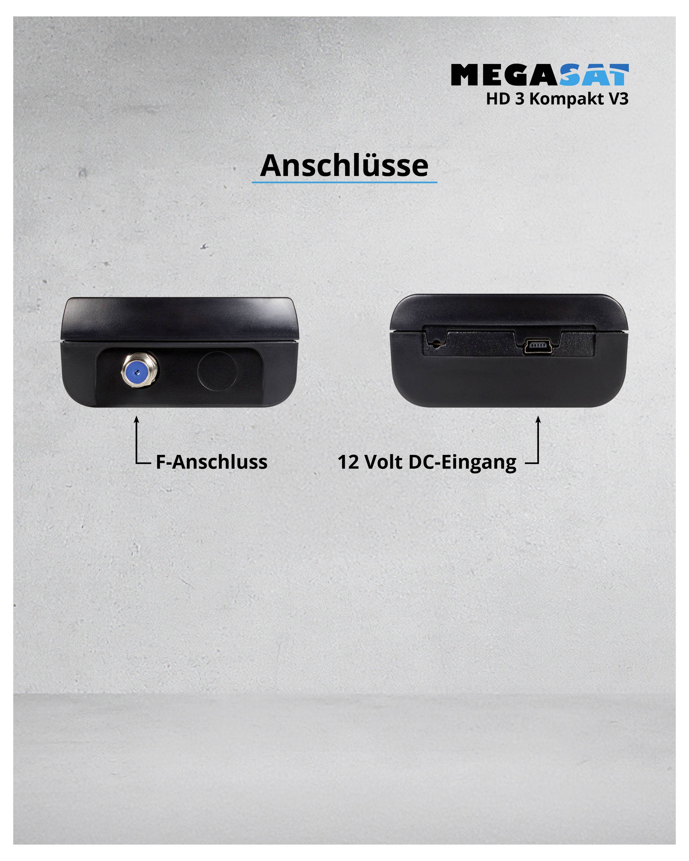 'Aansluitingen: Links F-aansluiting, rechts 12 Volt DC-ingang. Product: MEGASAT HD 3 Compact V3.'