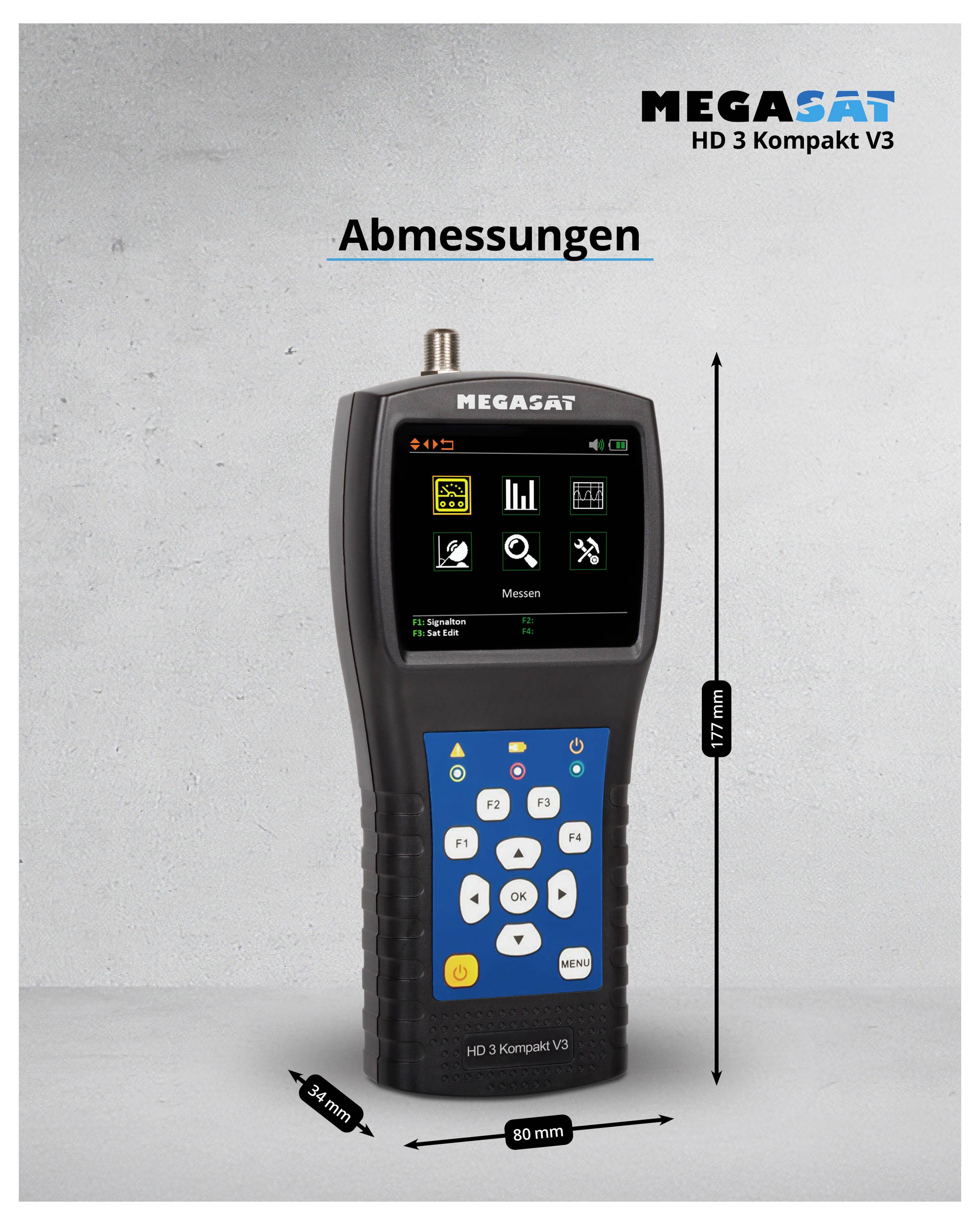 Draagbaar meetapparaat 'MEGASAT HD 3 Compact V3' met scherm en toetsenblok; afmetingen: 177 mm hoog, 80 mm breed.