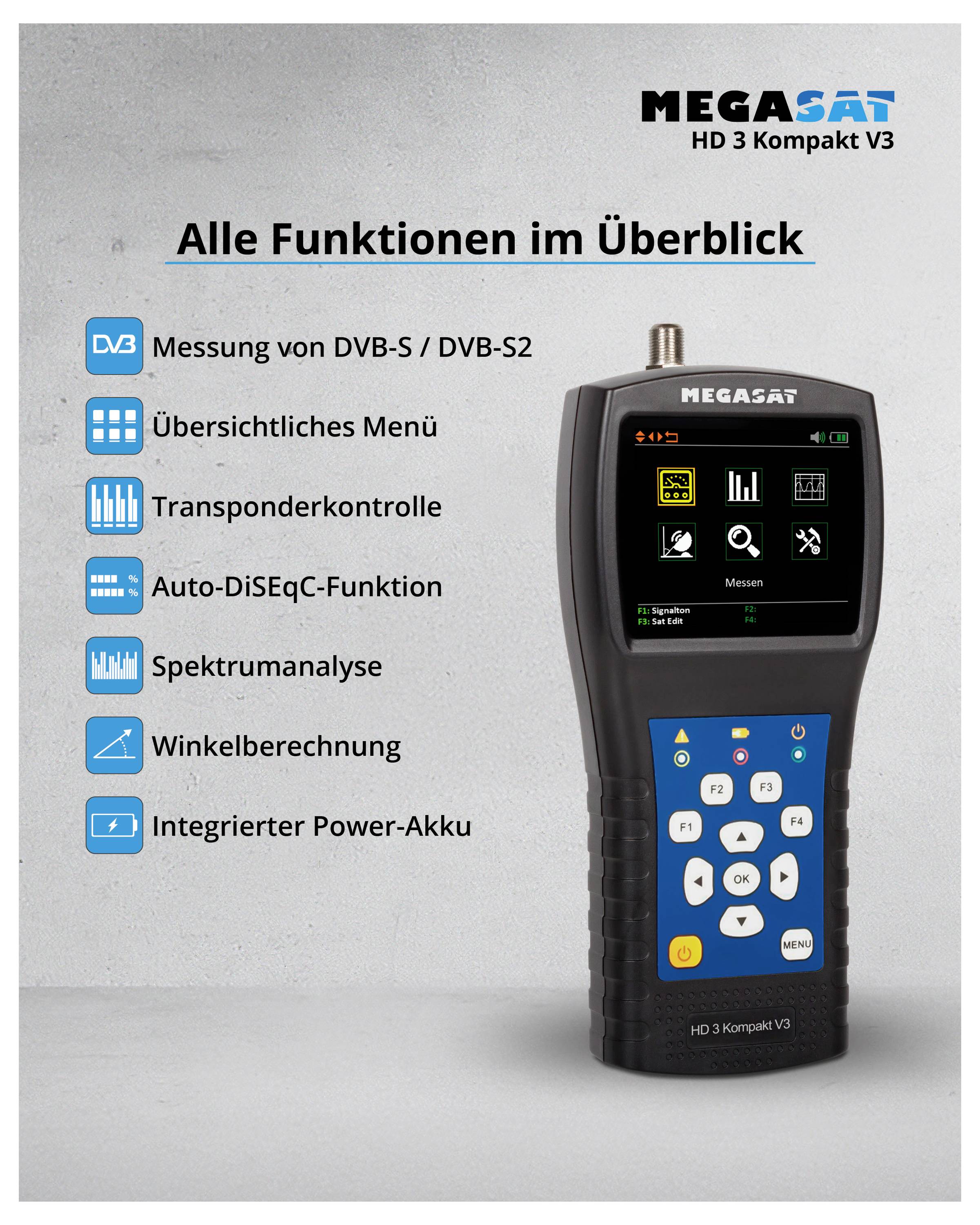 Een handmeetapparaat van het merk Megasat HD 3 Compact V3 voor DVB-S/DVB-S2 ontvangst. Functies: transpondercontrole, automatische DiSEqC meting.