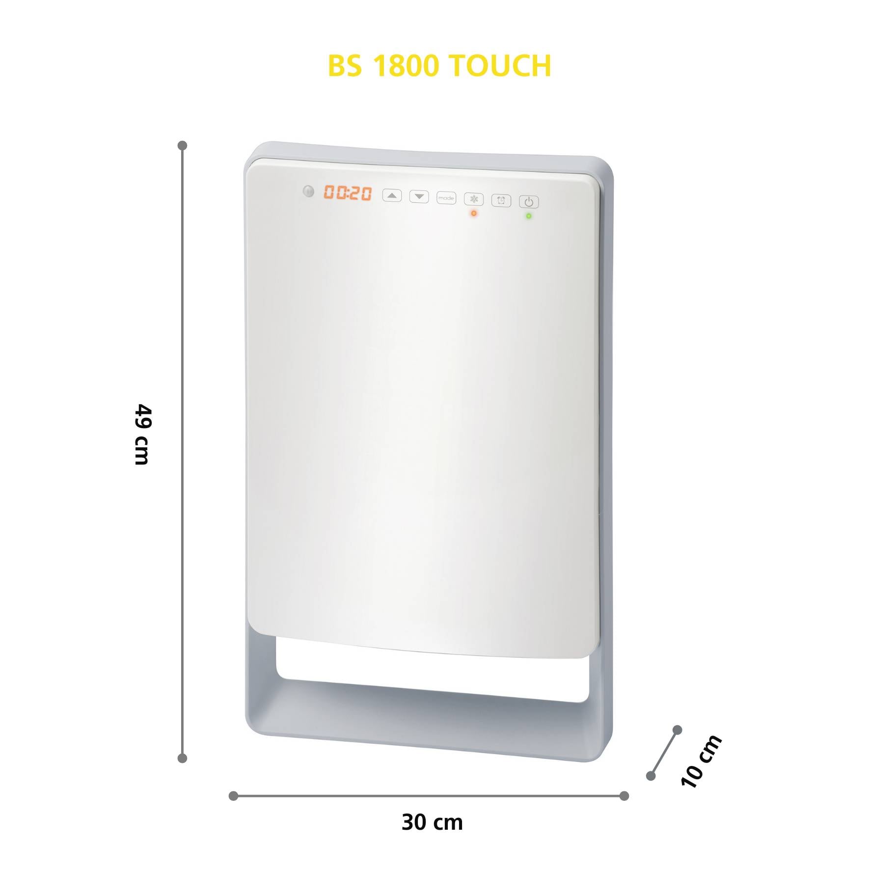 Een rechthoekig, wit apparaat met digitale weergave bovenaan. Gemerkt als 'BS 1800 TOUCH'. Afmetingen: 49 cm hoog, 30 cm breed, 10 cm diep.
