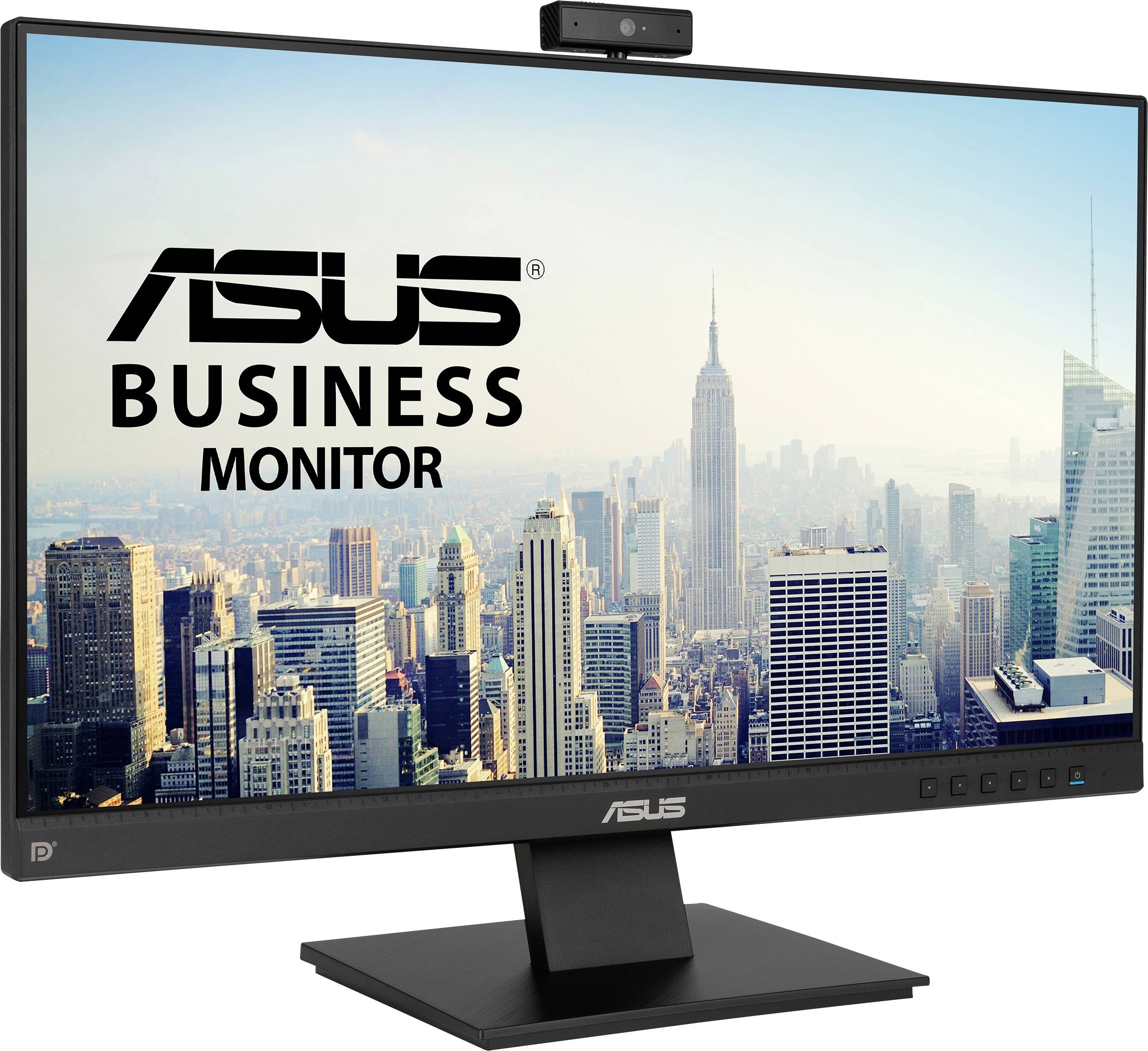 Een monitor met 'ASUS Business Monitor'-opschrift toont een skyline met wolkenkrabbers en het Empire State Building bij daglicht.
