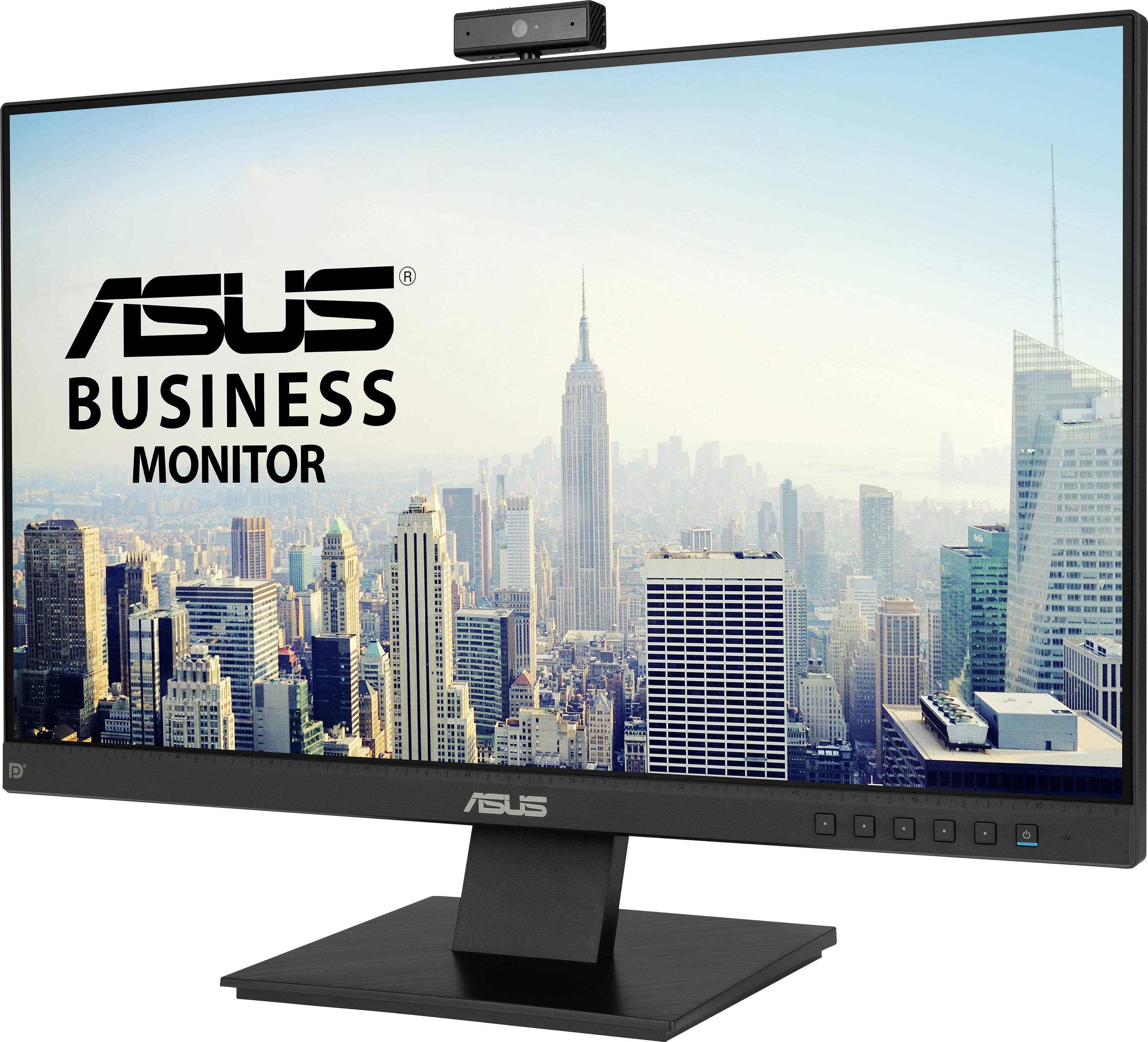 Een ASUS Business-monitor toont een skyline met hoge wolkenkrabbers. Een webcam is bovenaan de monitor geplaatst.