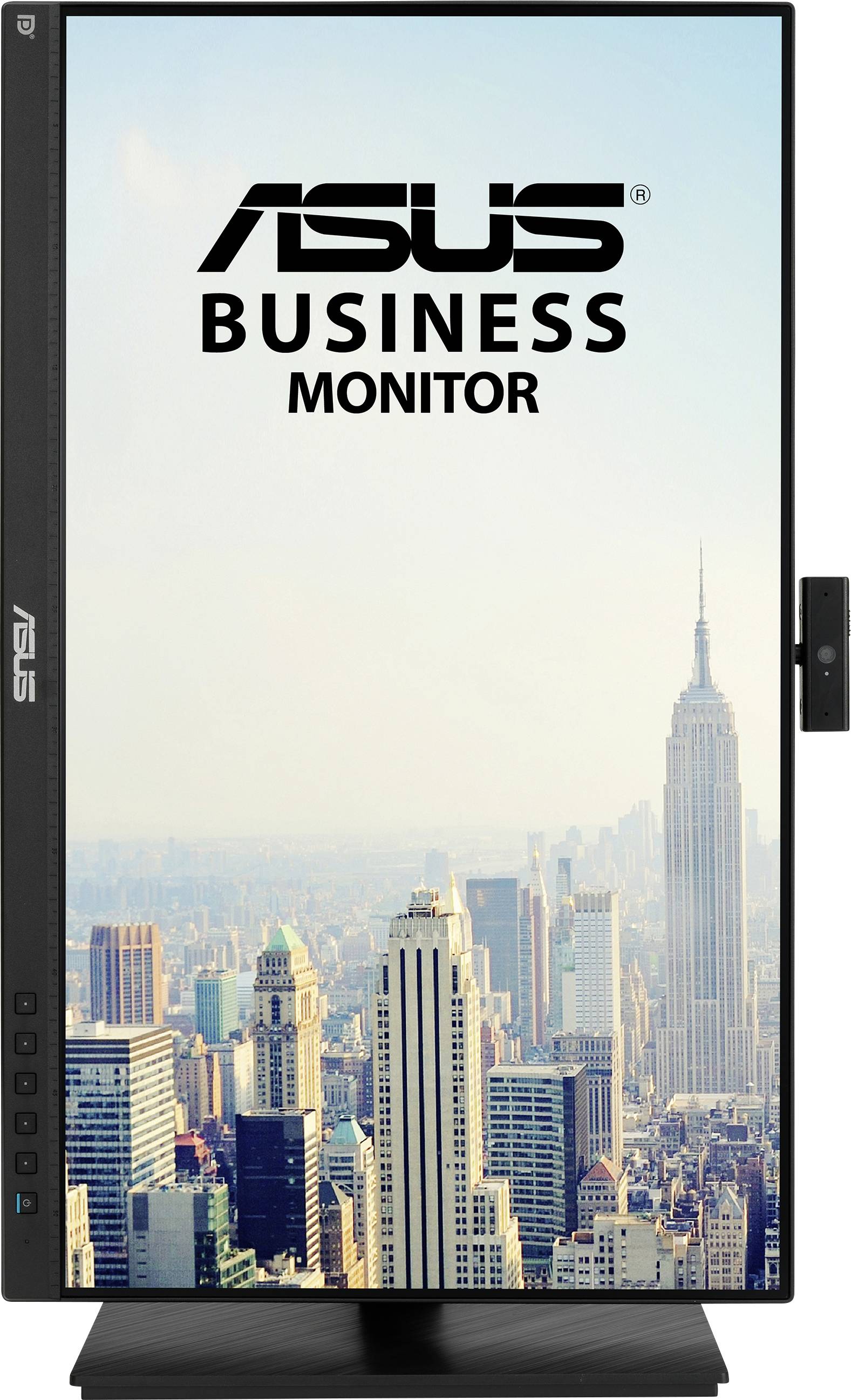 Een verticaal georiënteerde ASUS Business Monitor toont een blik op de skyline van New York met het Empire State Building op de achtergrond.