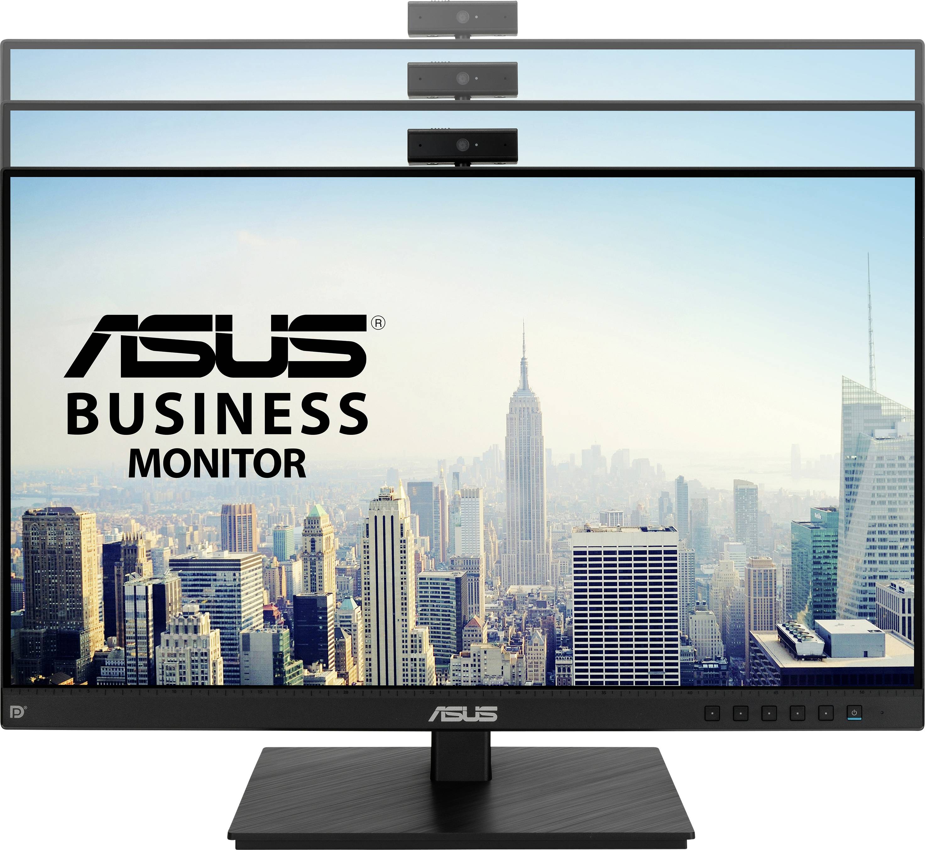 Een ASUS Zakelijke Monitor toont een stadsgezicht met wolkenkrabbers, inclusief het Empire State Building. Op de voorgrond staat het monitorlogo.