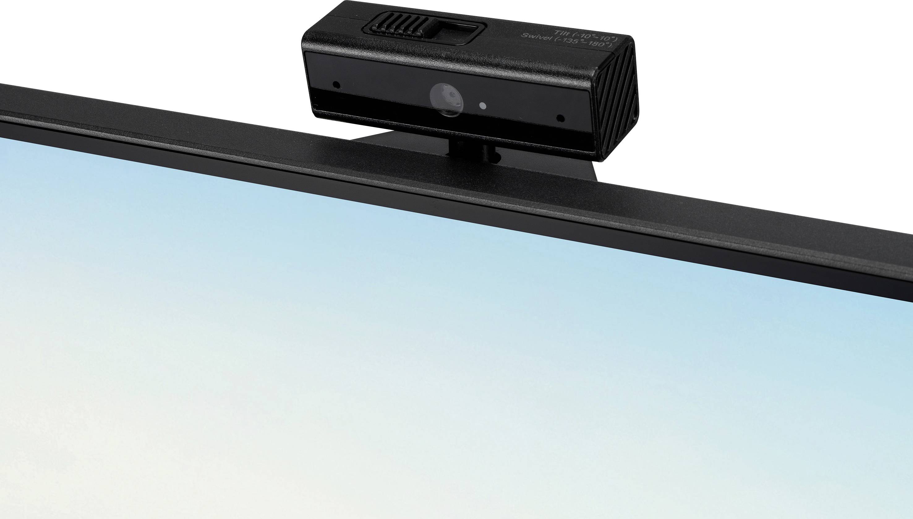 'Zwarte webcam gemonteerd op een monitor, gericht op de lens, met blauwe lucht op de achtergrond.'