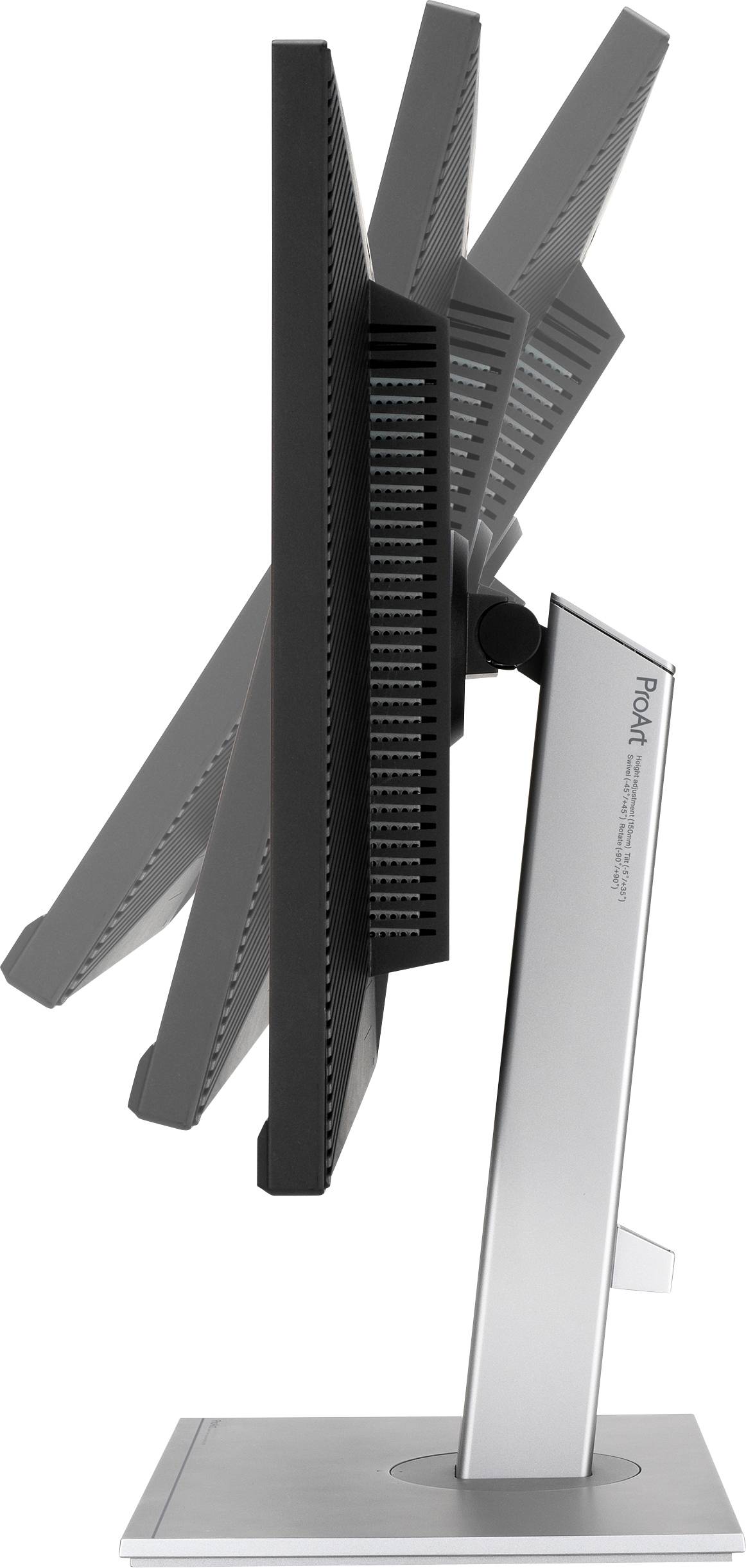 Een monitor wordt van opzij getoond, waarbij de kantelhoeken van het scherm worden geïllustreerd.