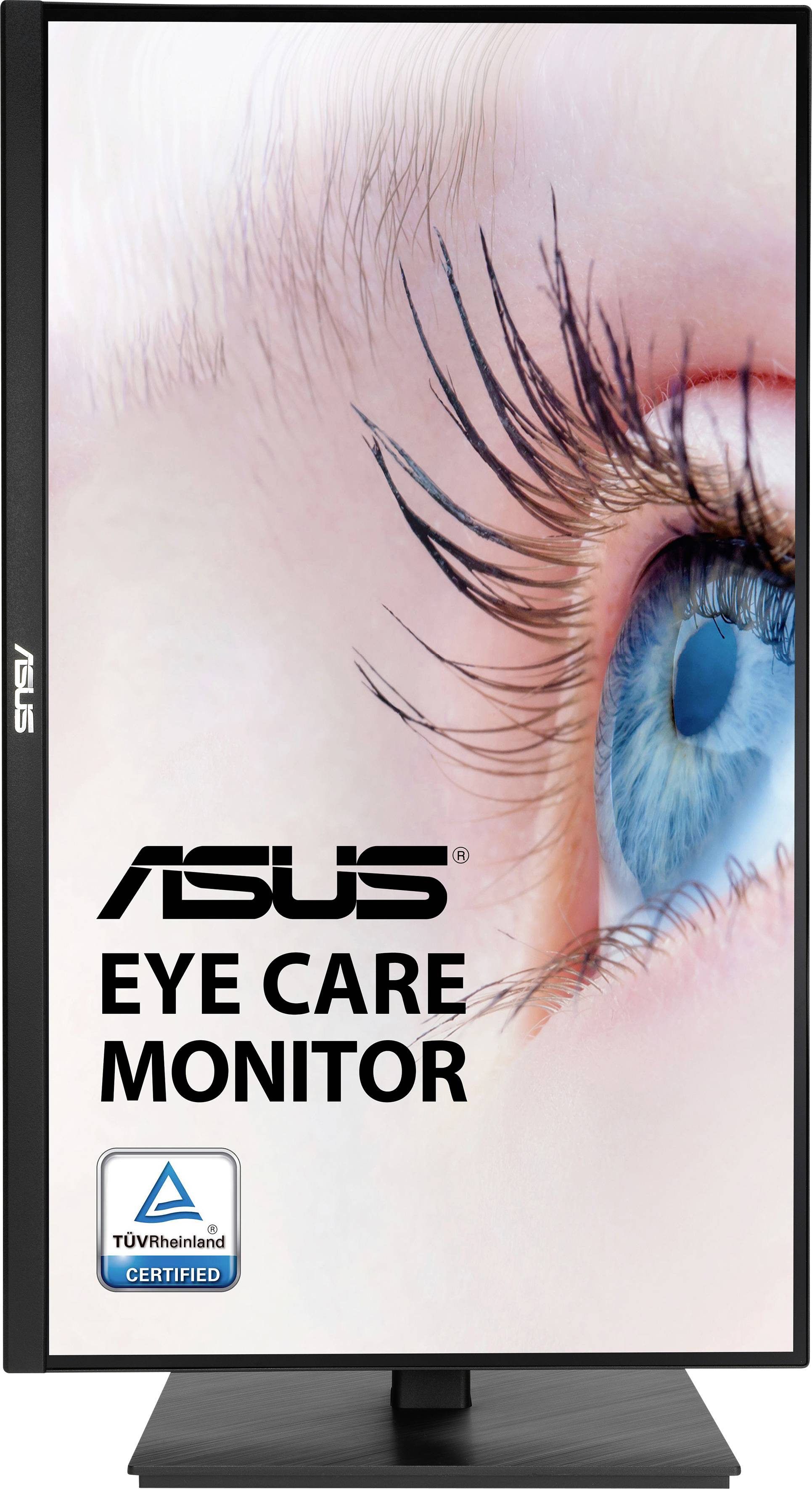 Close-up van een oog met de tekst 'ASUS Oogverzorgingsmonitor' en het TÜV Rheinland-certificeringslogo.