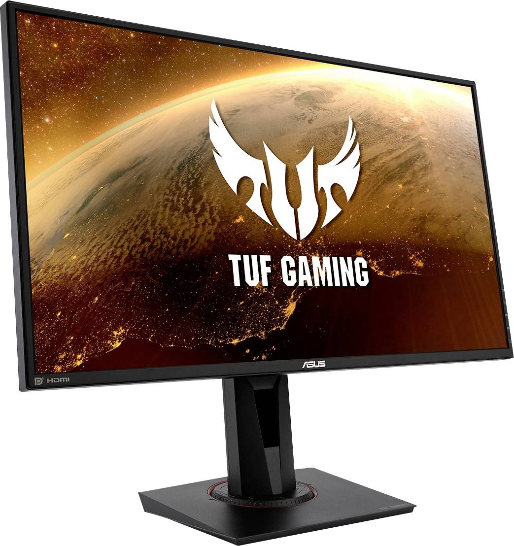 Een Gaming-monitor van ASUS met de tekst 'TUF Gaming' op het scherm. De afbeelding toont een blik op de aarde op de achtergrond.