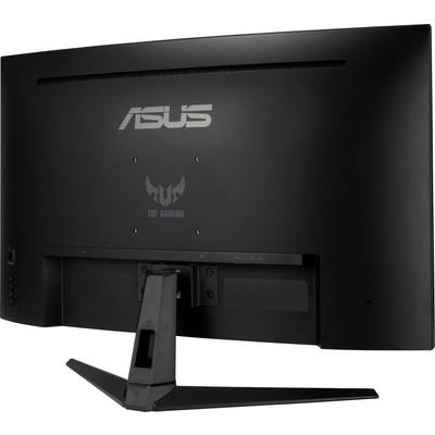 Een gaming-monitor van het merk ASUS van achteren, toont het logo 'TUF Gaming' onder de ASUS-tekst op een zwarte behuizing.