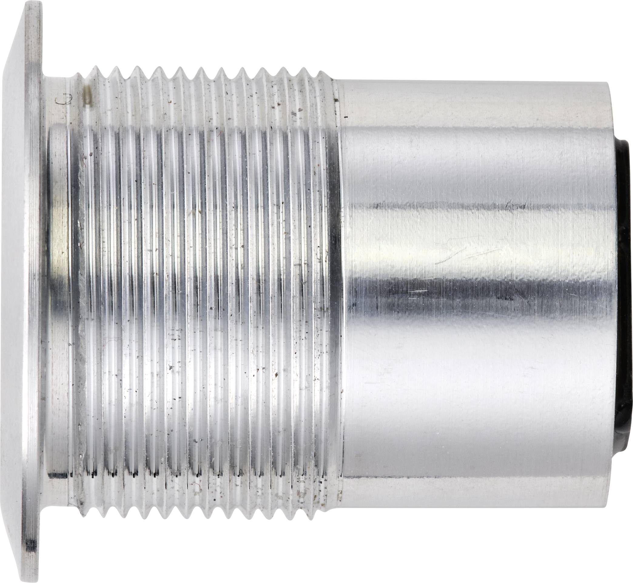 Een zilveren, metalen schroefdraad in cilindrische vorm, gemaakt van aluminium.
