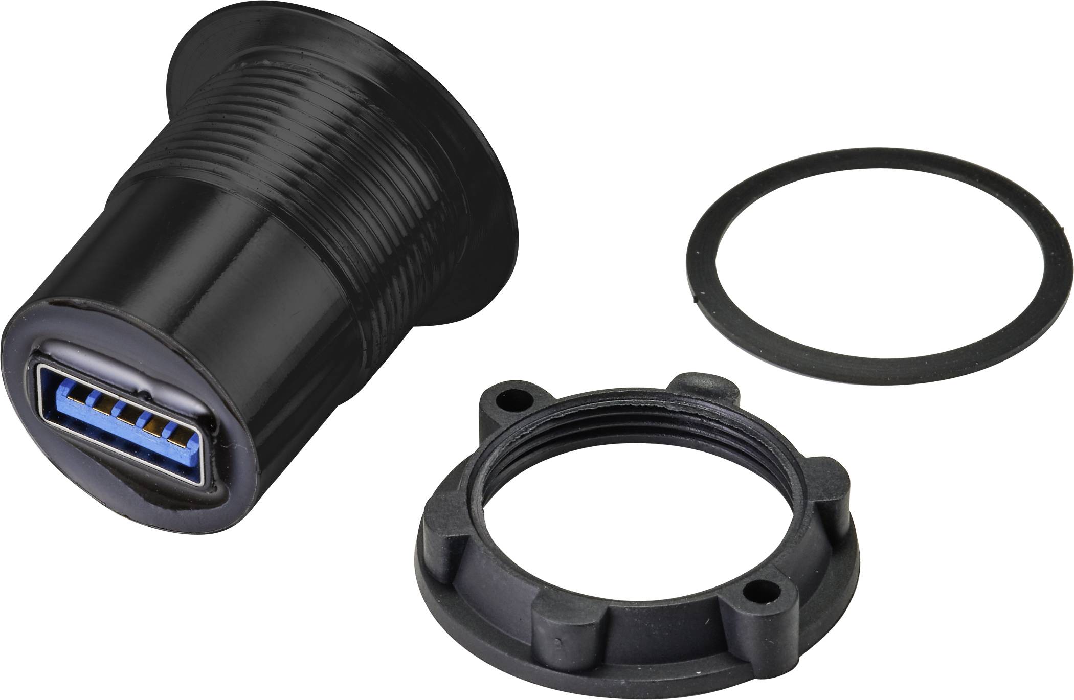 USB-inbouwbus van zwart kunststof, rond, met afdekring en afdichting, geschikt voor vaste montage in behuizingen.