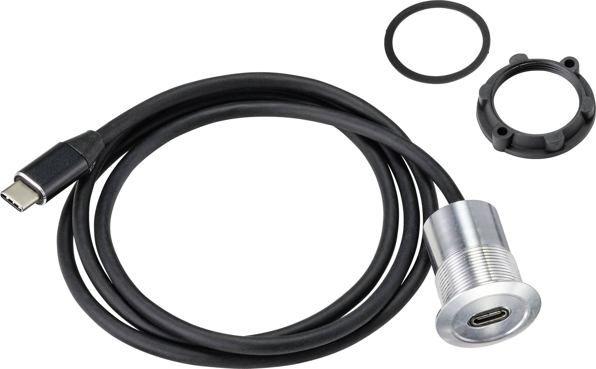 USB-C-inbouwbus met lang kabel, zwarte afdichting en metalen bevestigingsring, geschikt voor paneelmontage in apparatuur.