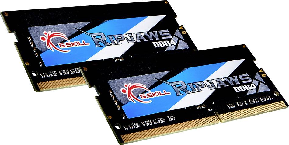 Twee zwarte DDR4-geheugenmodules met een blauw en zwart design met de tekst 'G.SKILL Ripjaws'.