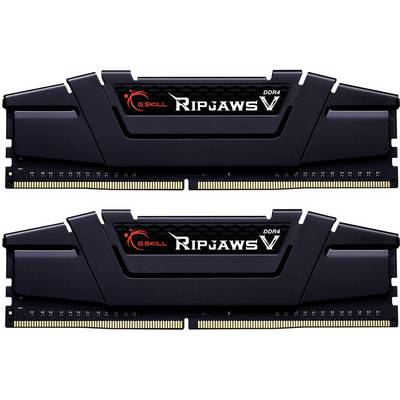 Twee zwarte DDR4-G.Skill-RAMmodules met de opdruk 'Ripjaws V', geschikt voor computers ter verbetering van het geheugenrendement.