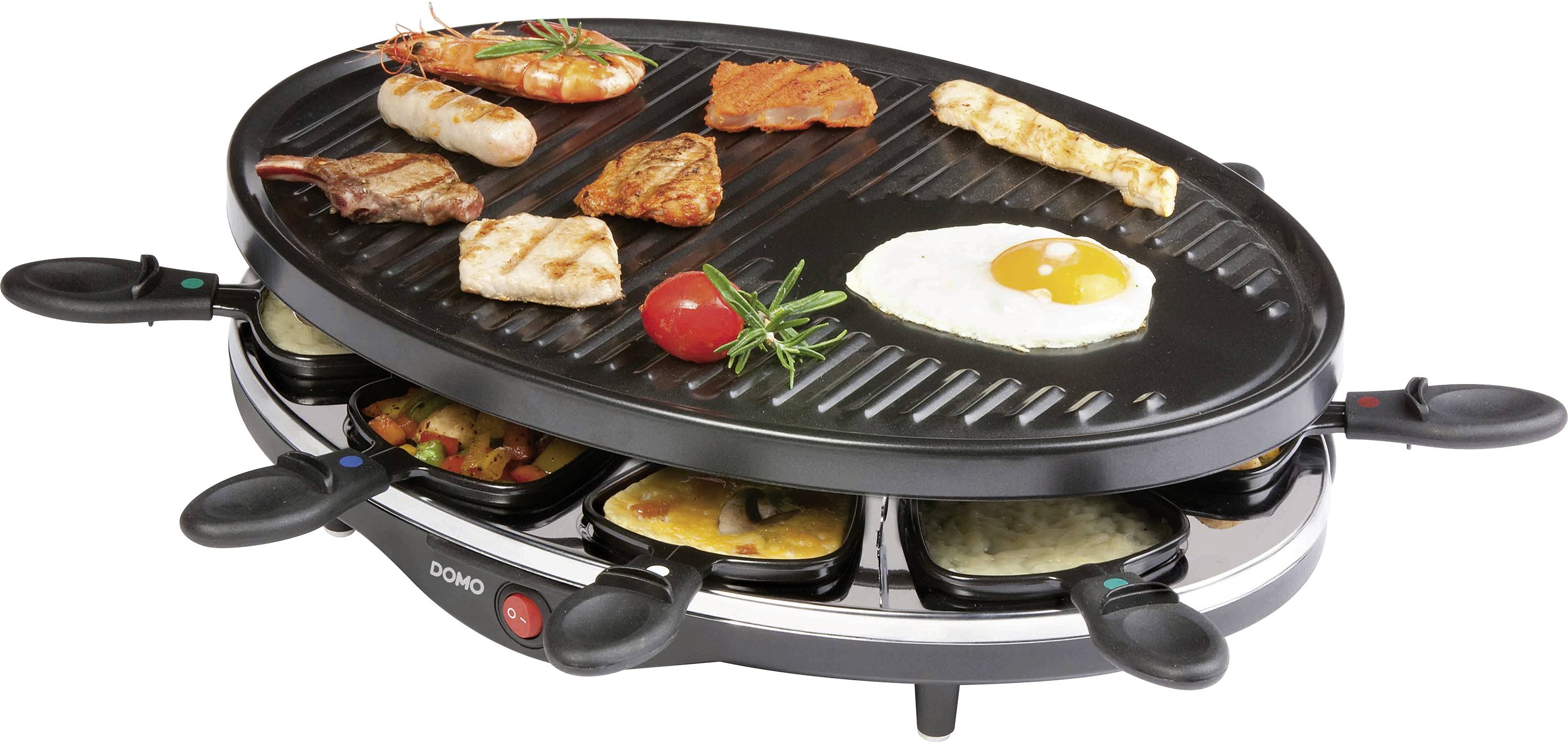 Elektrische raclette-grill met ovale grillplaat. Bovenaan grillen garnalen, vlees en ei, onderaan smelten kaasschaaltjes. Ideaal om samen te koken.