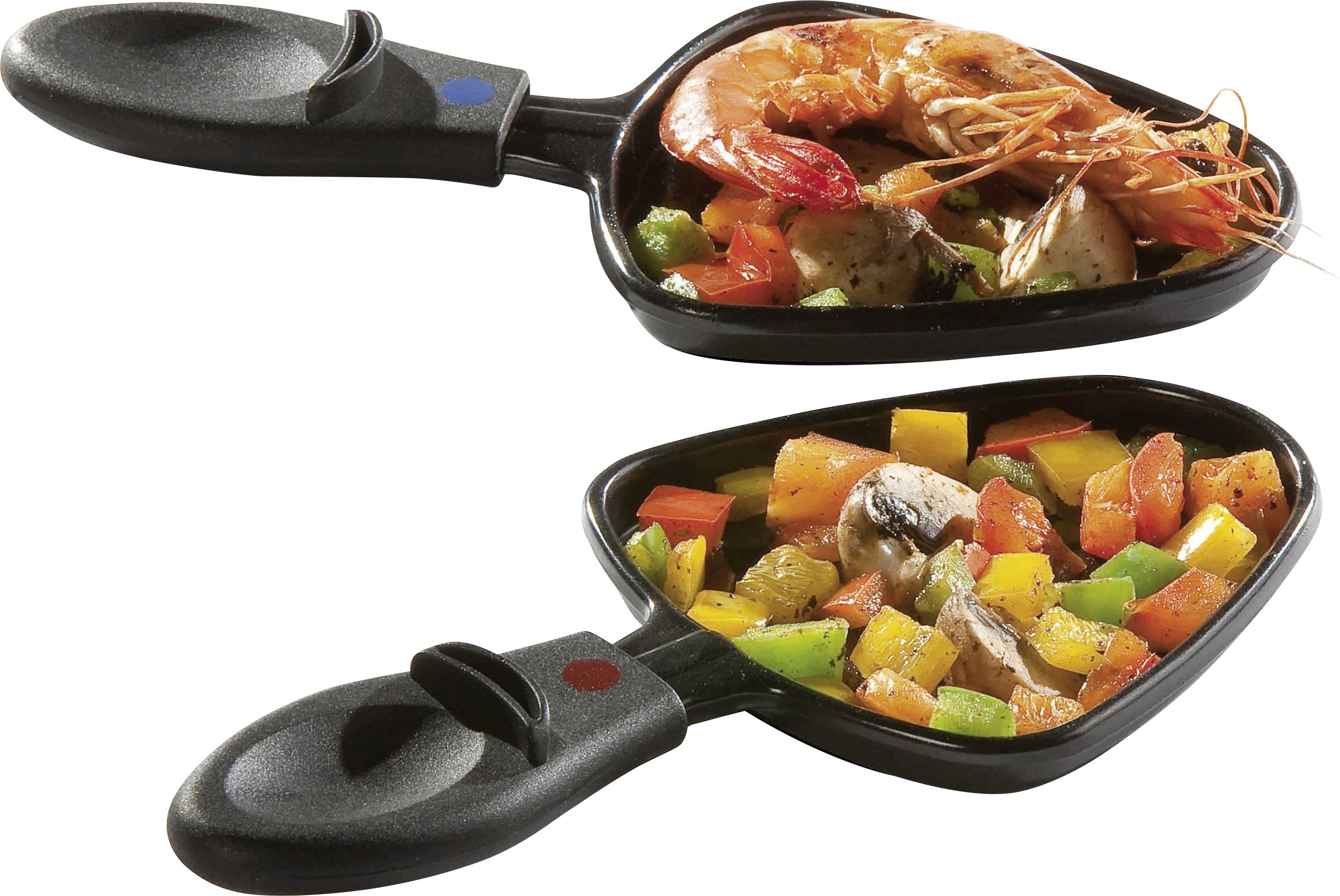 Twee raclette-pannetjes: Bovenaan met garnalen, paddenstoelen en paprika, onderaan met kleurrijke paprika-mix en paddenstoelen. Ideaal voor raclette-gerechten.