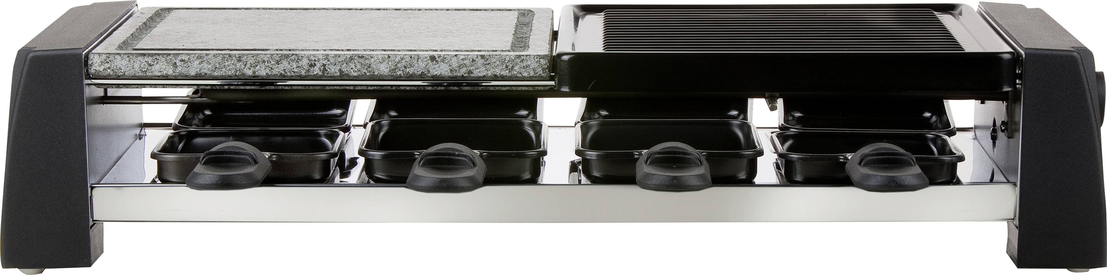 Een raclette-grill met zes pannetjes, een stenen plaat voor gegrilde gerechten en een metalen oppervlak. Ideaal voor gezellig eten met vrienden.