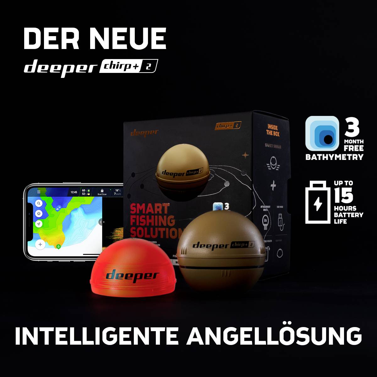 'De nieuwe Deeper Chirp+ 2: Intelligente visoplossing met 3 maanden bathymetrie, tot 15 uur accuduur. Toon visactiviteit op smartphone.'