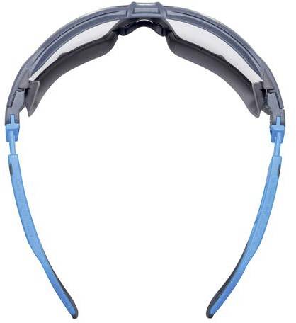 Een veiligheidsbril met blauwe pootjes en grijze glazen voor oogbescherming tijdens werkzaamheden of sport.