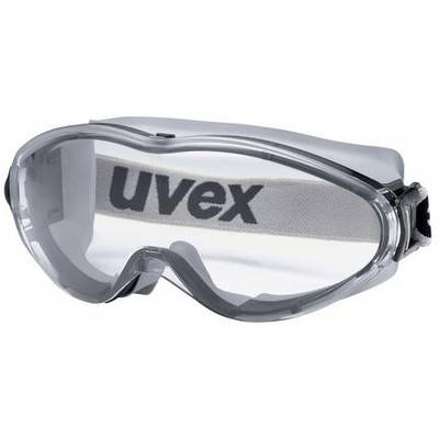 Veiligheidsbril met transparant montuur en elastisch bandje met 'uvex'-opdruk. Ontworpen voor oogbescherming in industriële omgevingen.