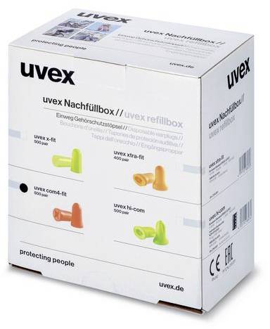 Verpakking van Uvex 'Navulbox' voor wegwerp-oordoppen. Bevat uvex x-fit (400 paar), uvex com4-fit (500 paar), uvex xtra-fit (300 paar).