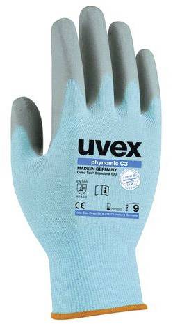 Handschoen van Uvex, model 'Phynomic C3', in Blauw en Grijs. Beschermt tegen mechanische risico's. Geproduceerd in Duitsland. CE-markering.