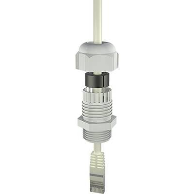 Afzonderlijk onderdeel van een kabelstekker met schroefdraad, moer en kabel. Wordt gebruikt voor een veilige elektrische verbinding in apparaten of machines.