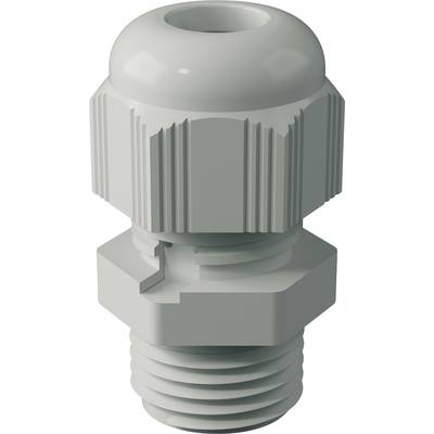 Een grijze kabelwartel, cilindrisch met geribde schroefdraad en dop, voor veilige kabelbevestiging in elektrische installaties.