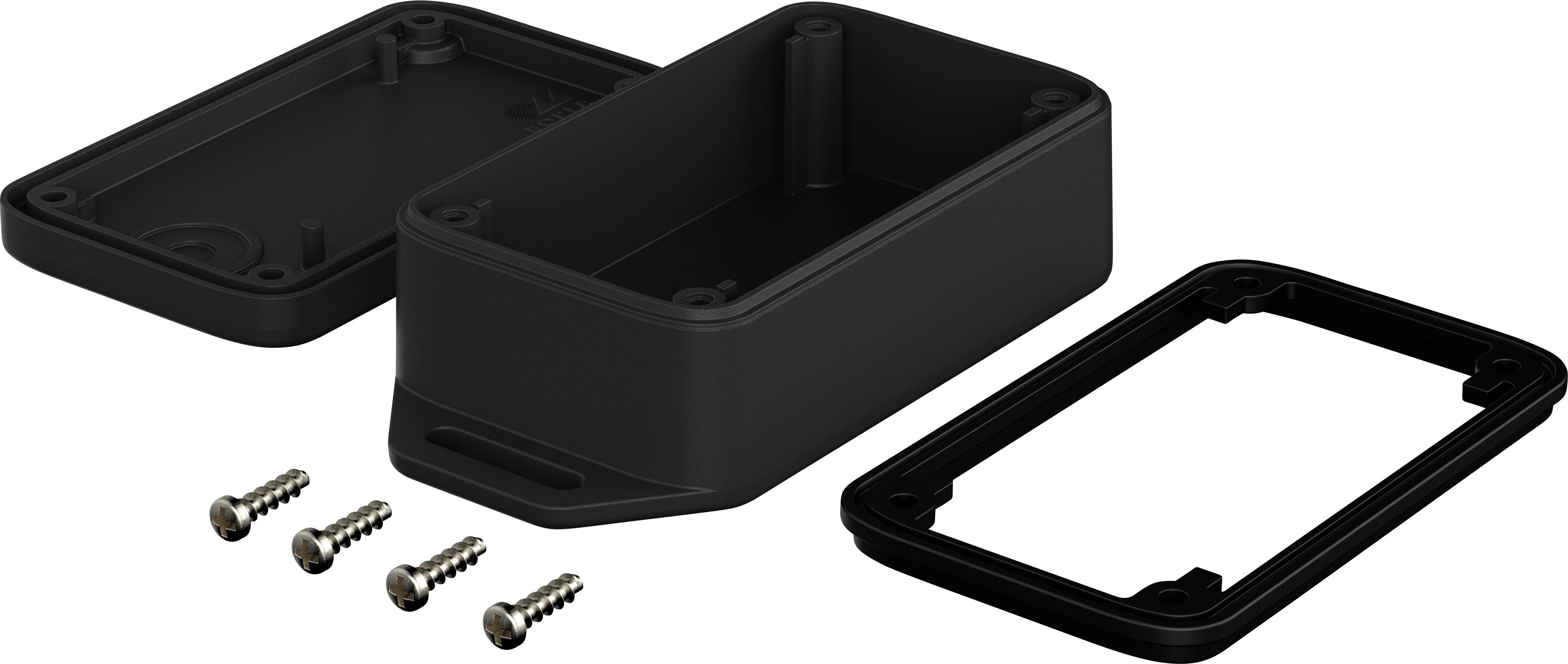 Zwart, rechthoekig behuizing van kunststof, bestaande uit drie onderdelen: deksel, onderkant en afdichting. Vier schroeven zijn zichtbaar.