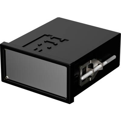Een rechthoekige zwarte elektronicabehuizing met een gladde voorplaat en een metalen bevestigingsmechanisme aan de zijkant.