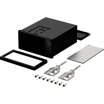 Zwart behuizing met verwijderbare voor- en achterplaat, twee bevestigingsklemmen, een metalen plaat en schroeven voor montage.