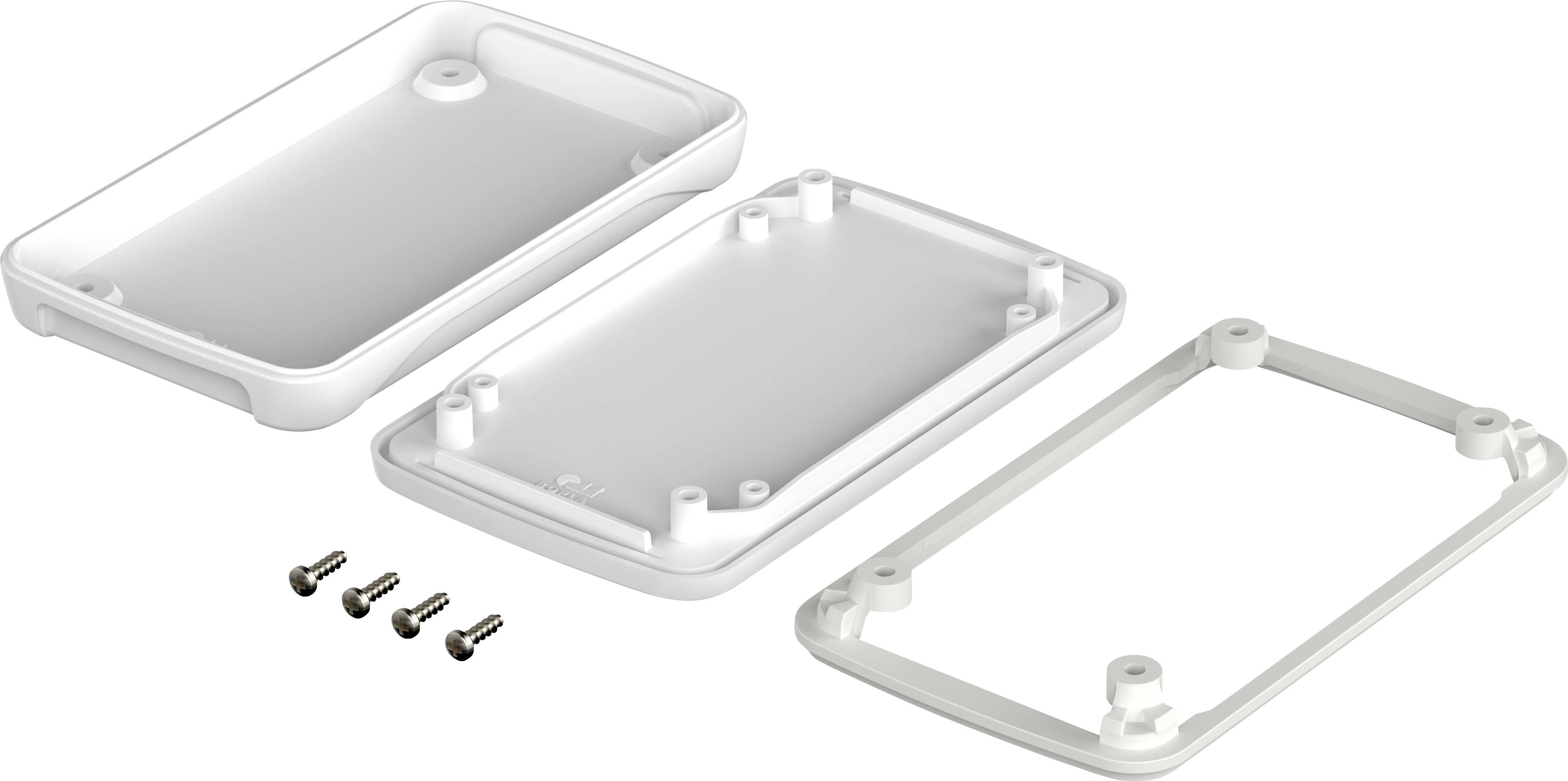 Wit kunststof behuizing met verwijderbare onderdelen en vier schroeven, klaar voor montage. Geschikt voor elektronische behuizingstoepassingen.